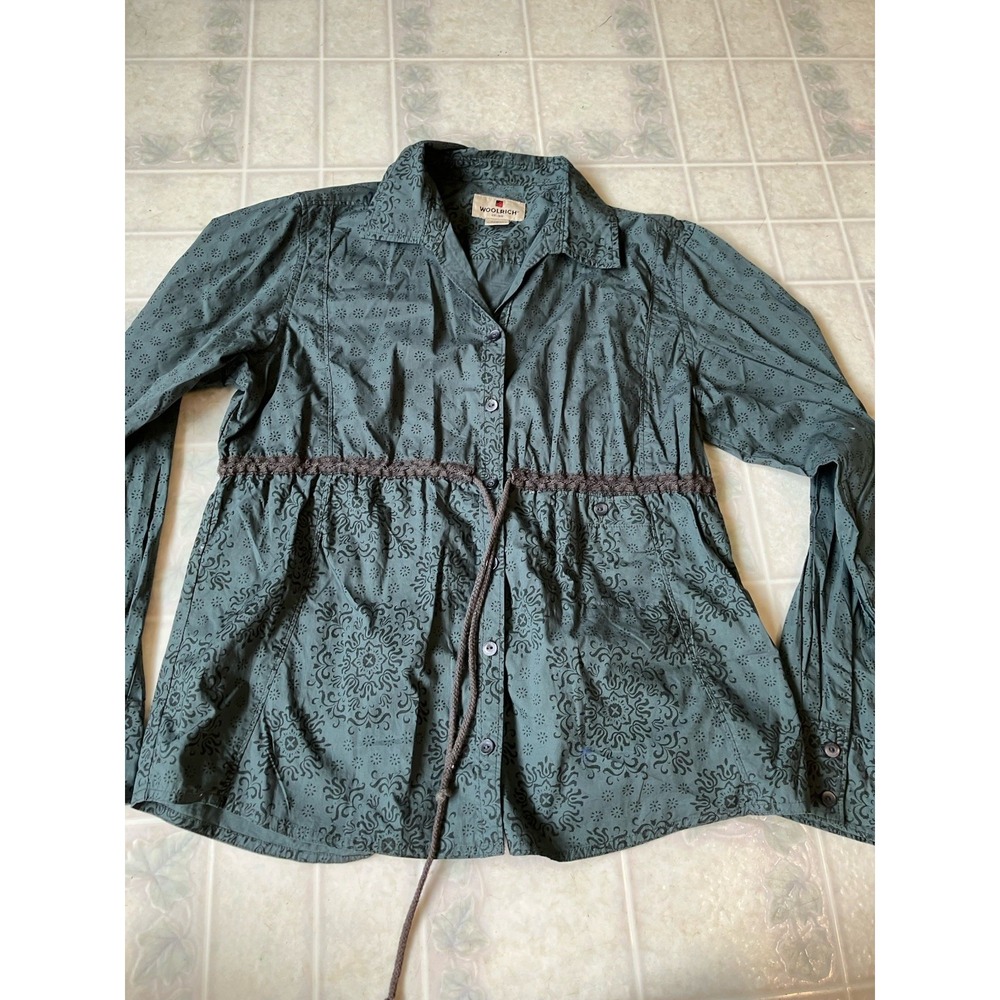 Woolrich Women's Medium Green Mandella Shirt Drawstring‎ Waist Collar Cotton